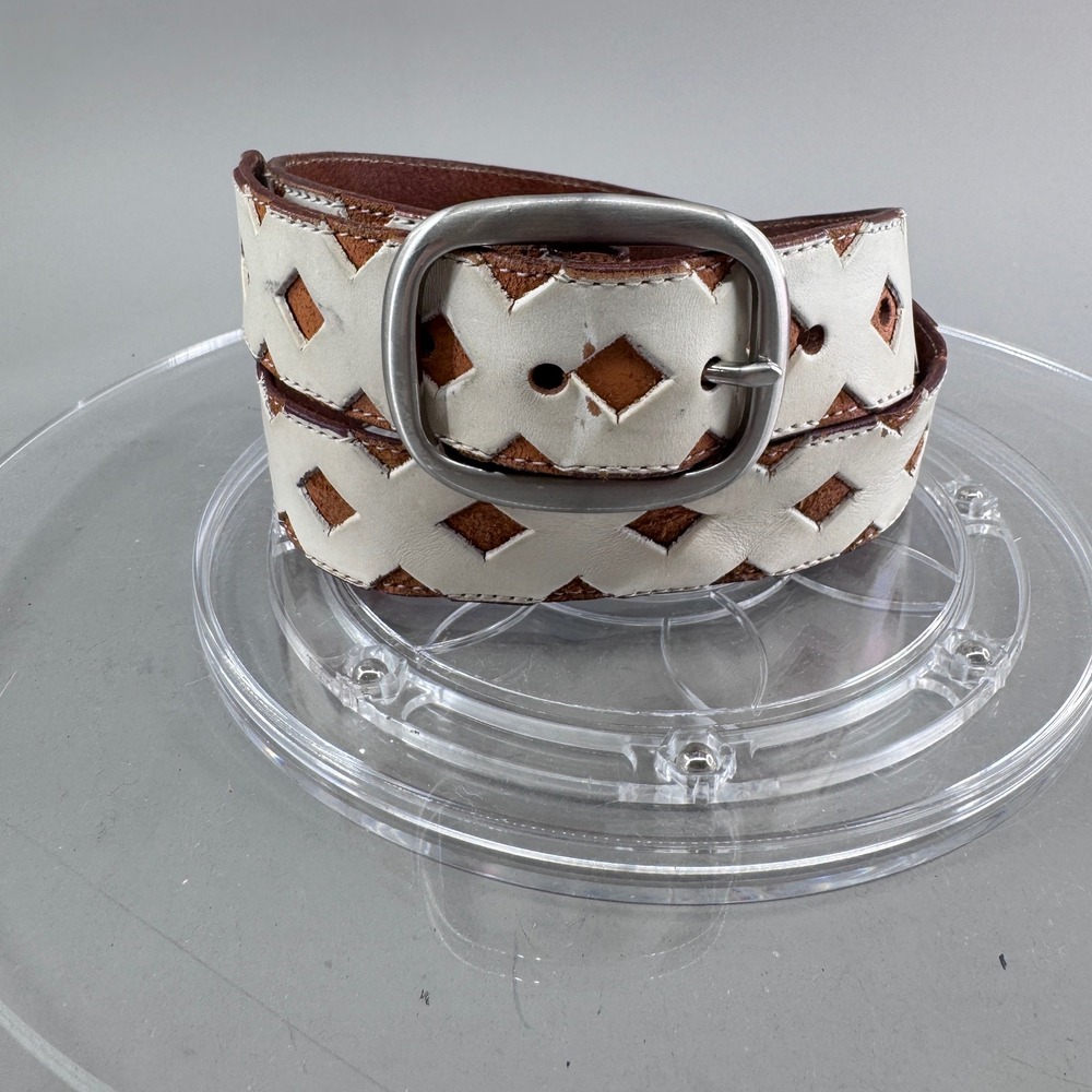 Womens Leather Geometric Cutout Diamond Belt White Brown Silver Buckle Size 30